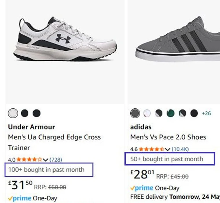 Two Amazon search results for trainers, each carrying a line under the rating reading “100+ bought in past month” and “50+ bought in past month”.