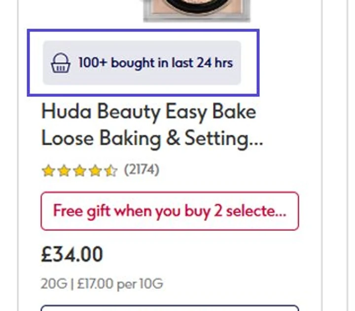 A Boots product card for Huda Beauty Easy Bake Loose Baking & Setting Powder, with a badge reading “100+ bought in last 24 hrs” above the product name.